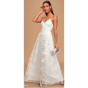 Lulus White Sequin Embroidered Lace Up Maxi Dress